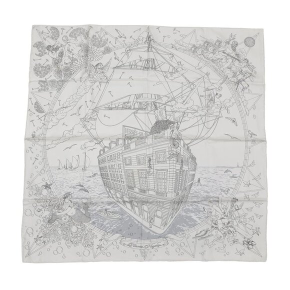 HERMES Carre90 Flagship Size 90 Silk Blanc/Black/Grease - Picture 1 of 6